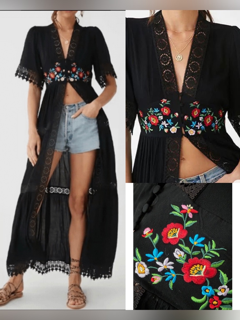 Forever 21 Floral Embroidered Crochet Duster Kimono Dress Black L Boho Festival